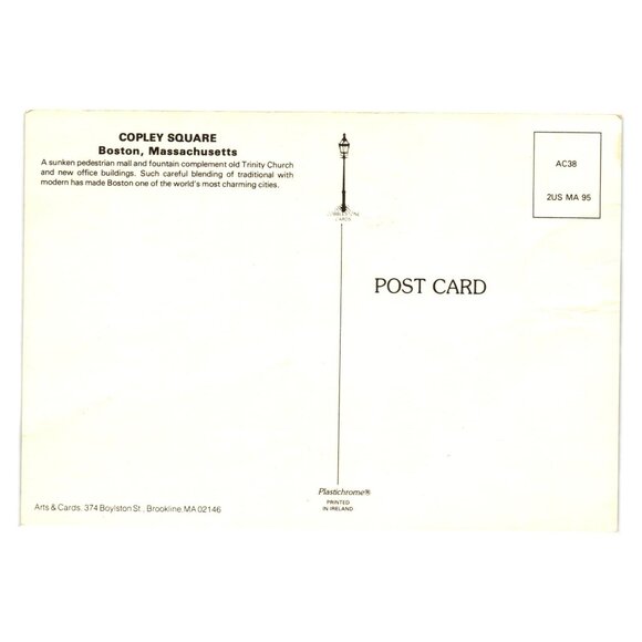 Vintage Boston Copley Square Postcard Featuring Trinity Church MA Sunken Mall - Picture 2 of 2